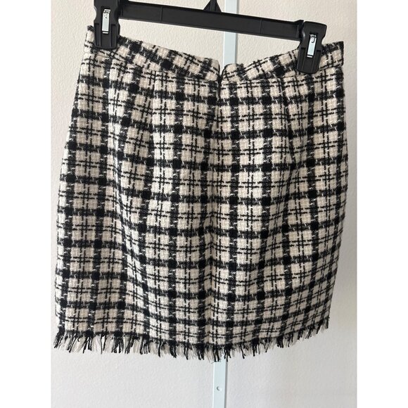 Preppy Tweed Plaid Skirt Large Mini Black & White Checkered Fringe Hem Classic - Picture 5 of 14